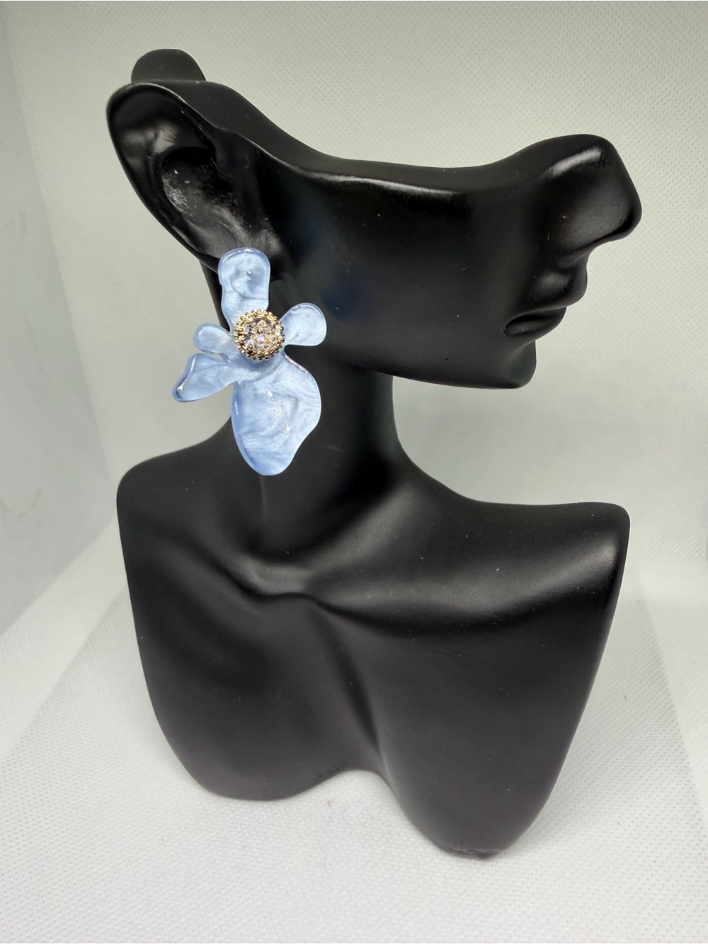 Light Blue Floral Statement Earrings with Crystal Center